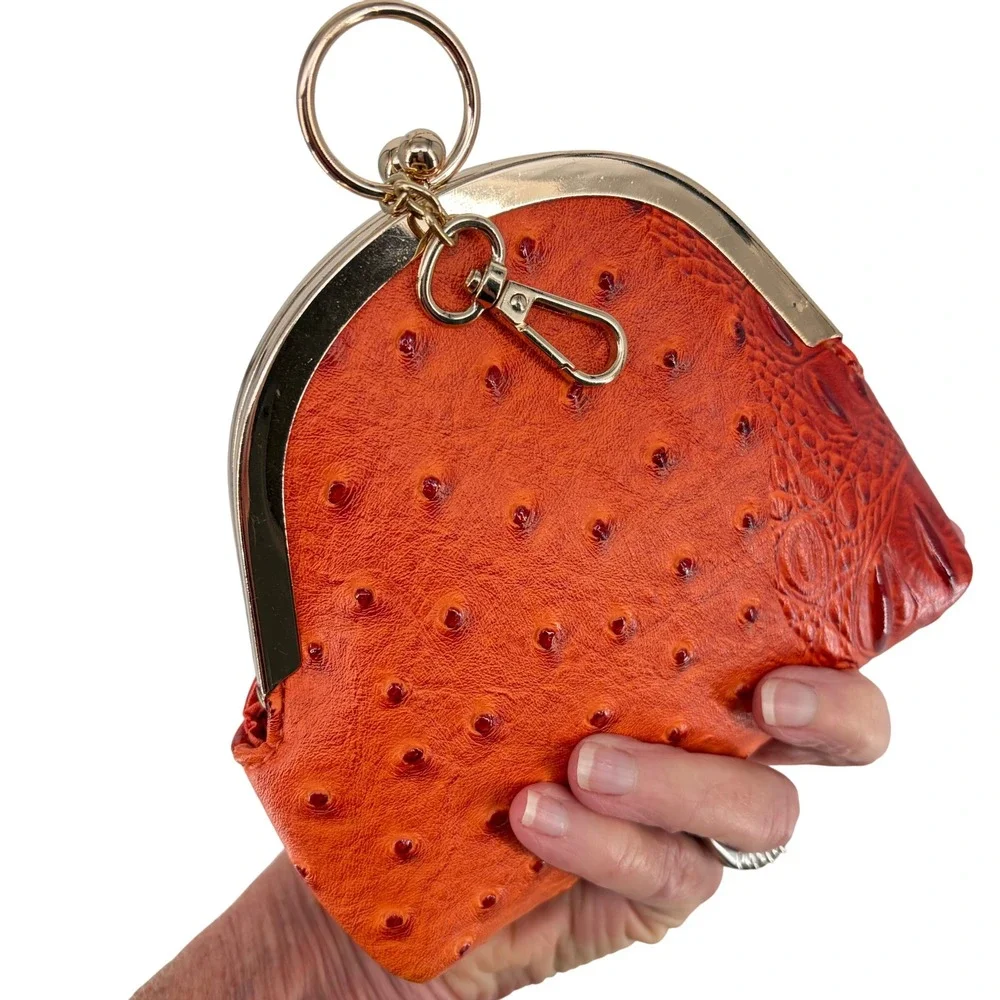 Clutch Coin Purse Women Small Orange Faux Ostrich Crocodile Mob Wife Retro Charm